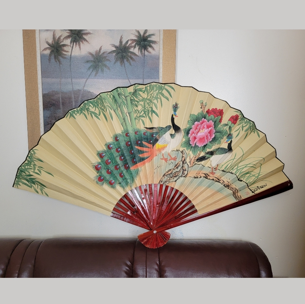 Vintage Painting Folding Fan "Flower, Bamboo, & Peacock" Large Antique Wall Art